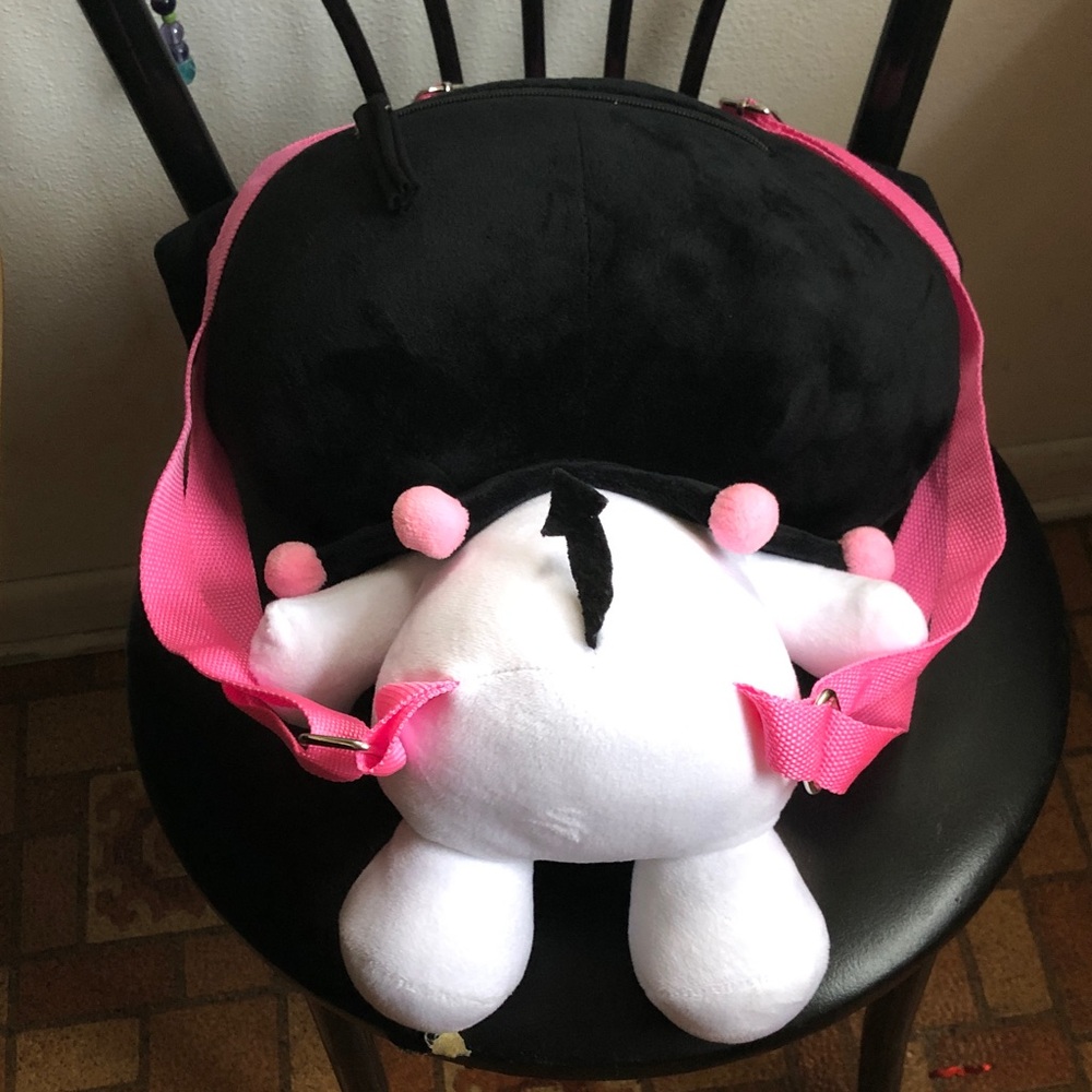 Kuromi Plush Backpack, featuring a zippered pouch and pink adjustable straps. - Picture 4 of 5